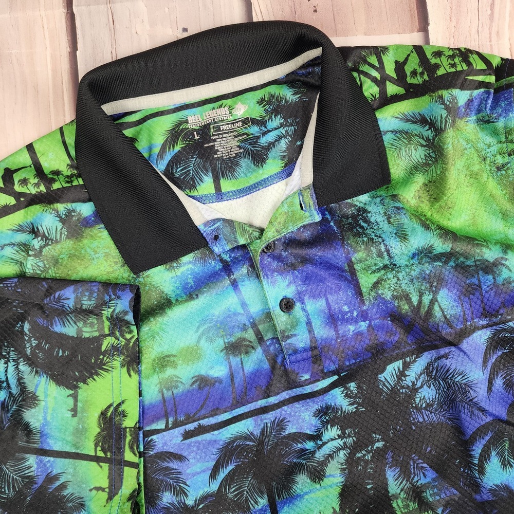 Reel Legends Mens‎ L Freeline Performance Fishing Polo Palm Trees Allover